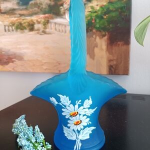 Westmoreland Blue Glass Vase with White Floral Design